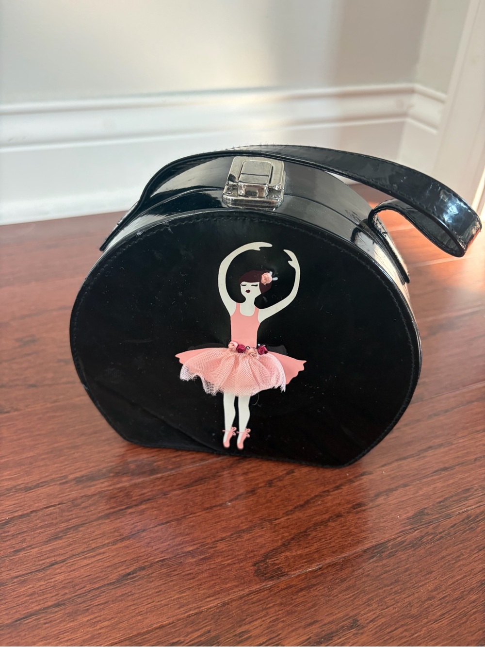Gymboree Black Round Ballerina Jewelry paten leather Case with Pink Tutu